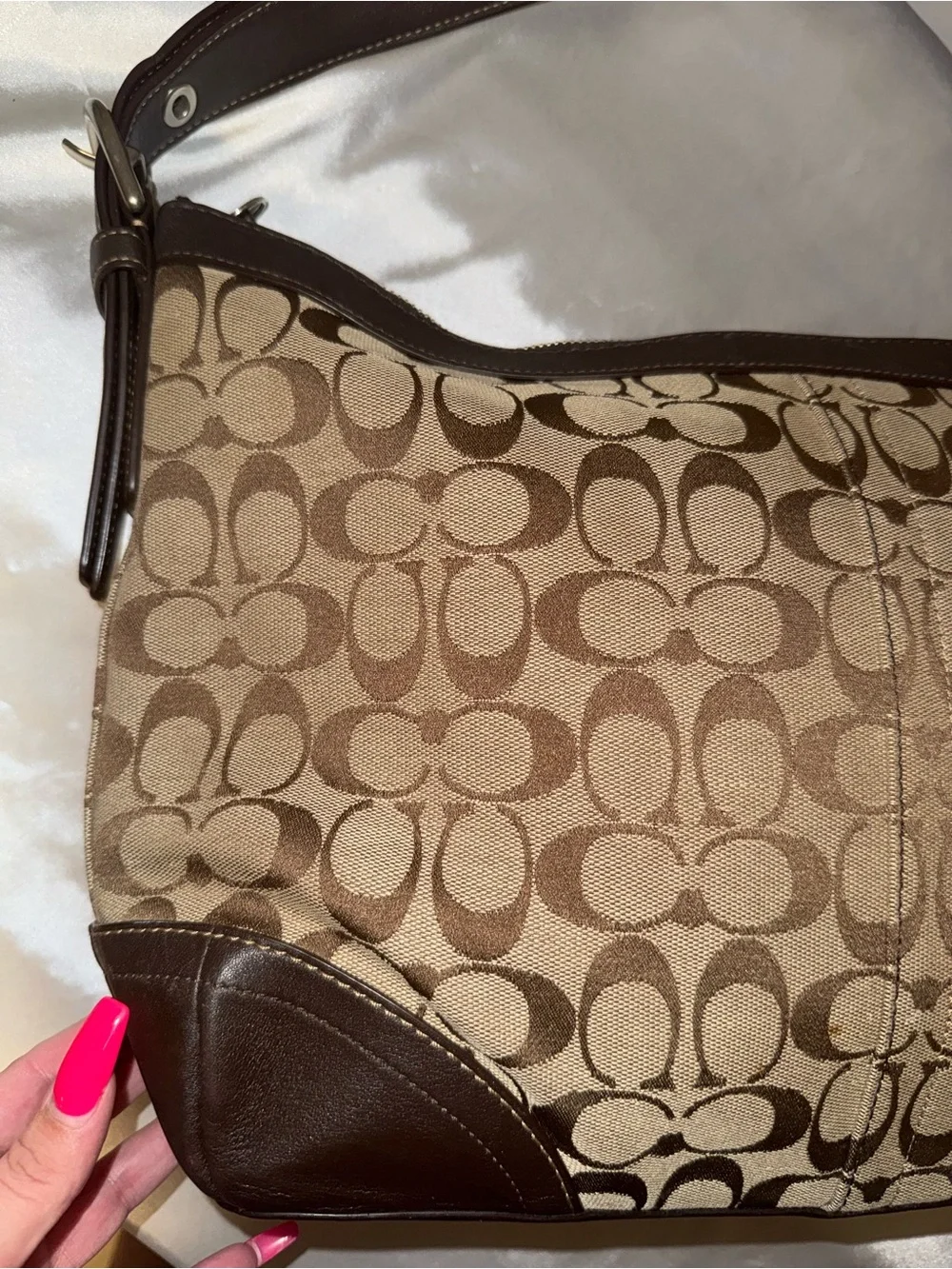 Coach Brown Signature Canvas Shoulder Bag with Dark Brown Leather Trim